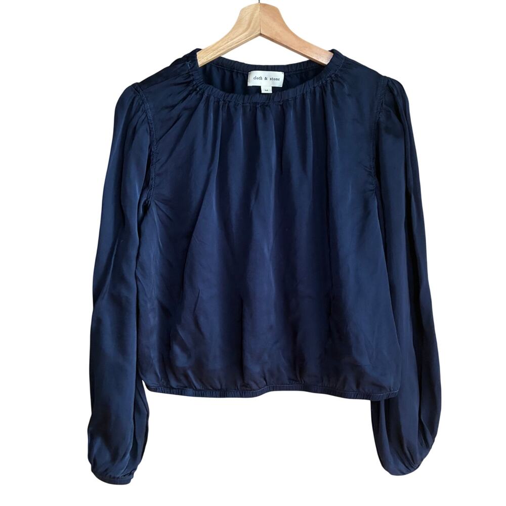 Anthropologie Cloth & Stone blue satin long sleeved blouse women's size medium